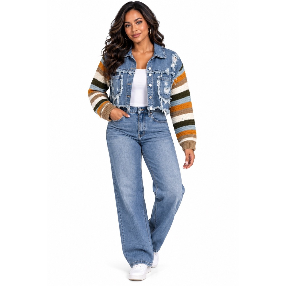Cropped Womens Distressed Denim Jacket Striped Knit Sleeves Light Wash Blue S